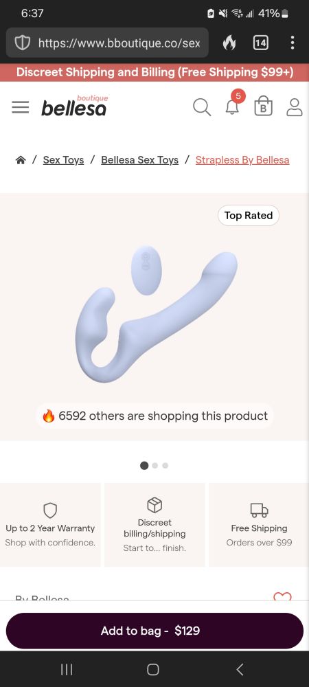 Screenshot of online store Bellesa Boutique (bboutique.co). Product pictured is a strapless dildo; named "Strapless by Bellesa".