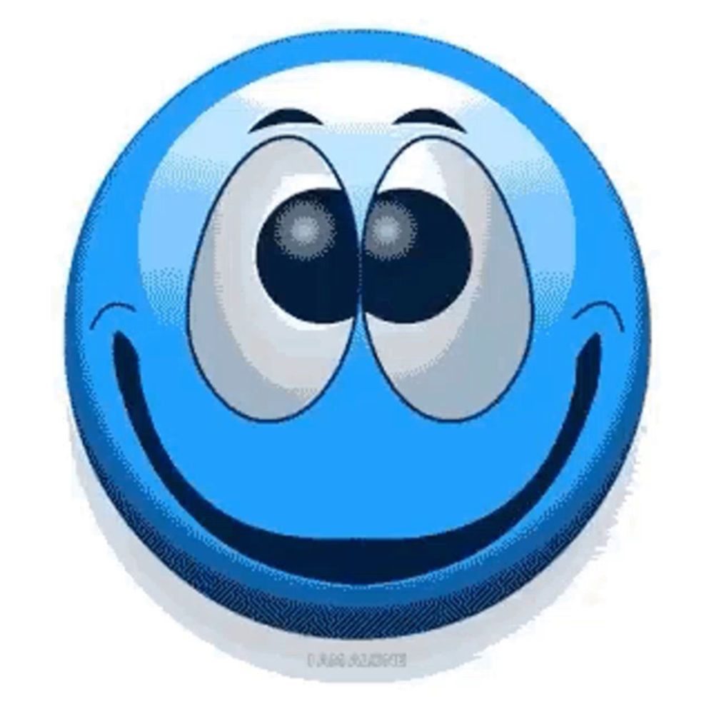 a blue smiley face with big eyes is smiling and looking at the camera .