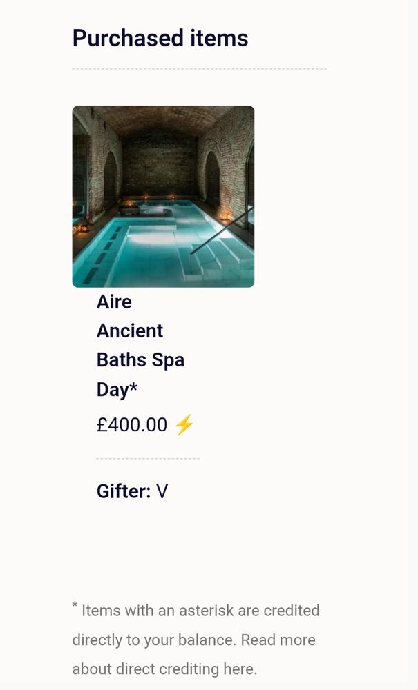 A screenshot of an email from Throne, showing a gifted Aire Ancient Baths spa day. 