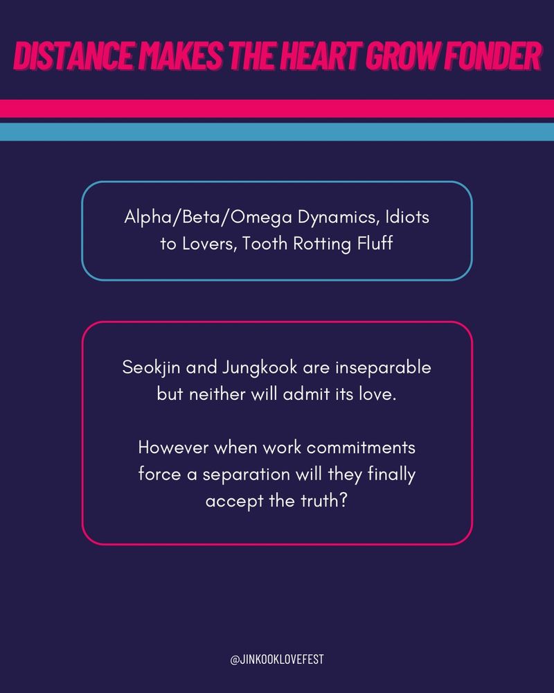 DISTANCE MAKES THE HEART GROW FONDER

Alpha/Beta/Omega Dynamics, Idiots to Lovers, Tooth Rotting Fluff

Seokjin and Jungkook are inseparable but neither will admit its love.

However when work commitments force a separation will they finally accept the truth?