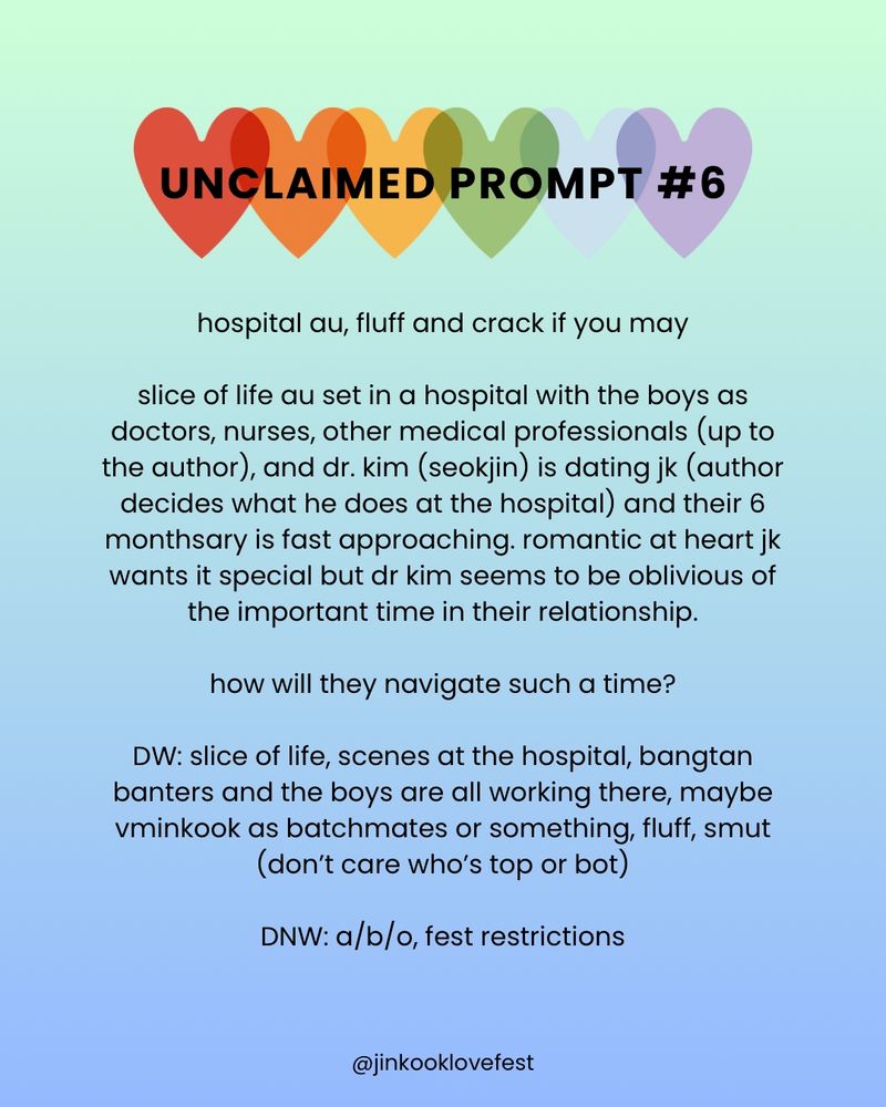 UNCLAIMED PROMPT #6

hospital au, fluff and crack if you may

slice of life au set in a hospital with the boys as doctors, nurses, other medical professionals (up to the author), and dr. kim (seokjin) is dating jk (author decides what he does at the hospital) and their 6 monthsary is fast approaching. romantic at heart jk wants it special but dr kim seems to be oblivious of the important time in their relationship.

how will they navigate such a time?

DW: slice of life, scenes at the hospital, bangtan banters and the boys are all working there, maybe minkook as batchmates or something, fluff, smut (don't care who's top or bot)

DNW: a/b/o, fest restrictions

@jinkooklovefest