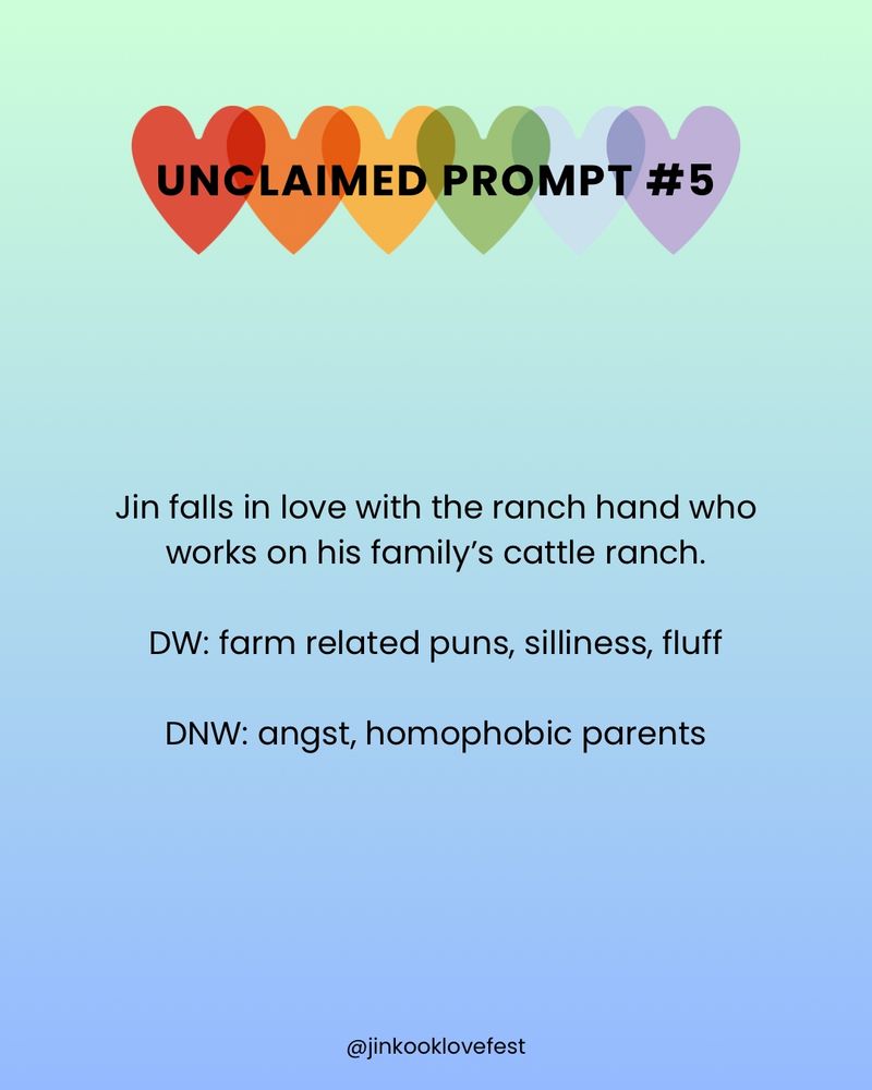 UNCLAIMED PROMPT #5

Jin falls in love with the ranch hand who works on his family's cattle ranch.

DW: farm related puns, silliness, fluff

DNW: angst, homophobic parents

@jinkooklovefest