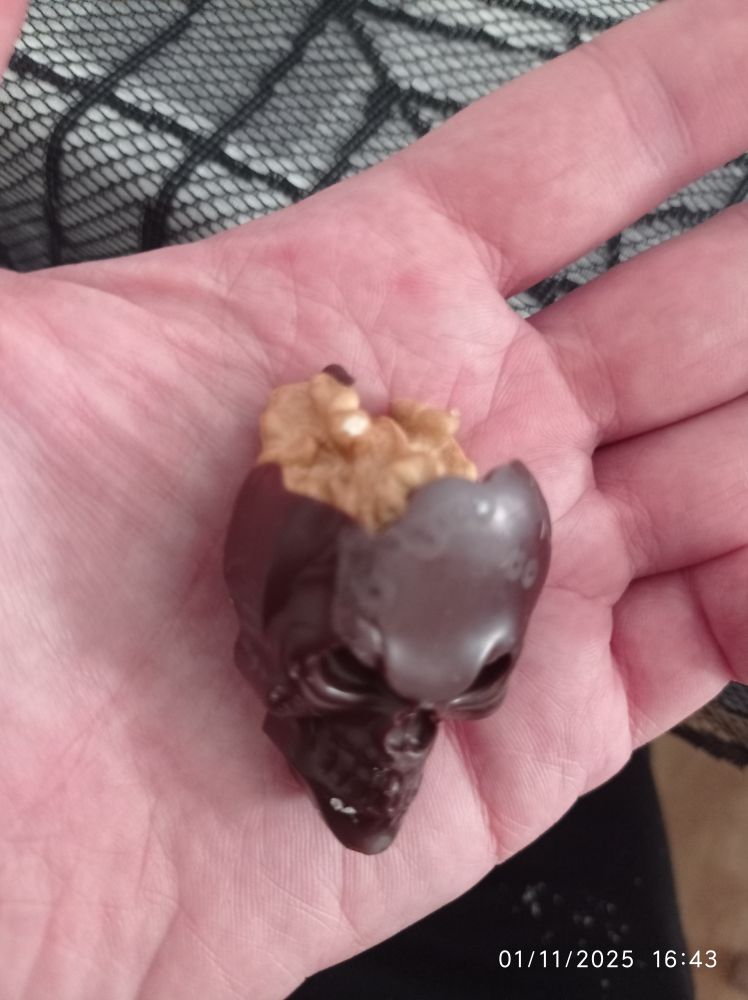 Dulce calavera de chocolate con cerebro de nuez.