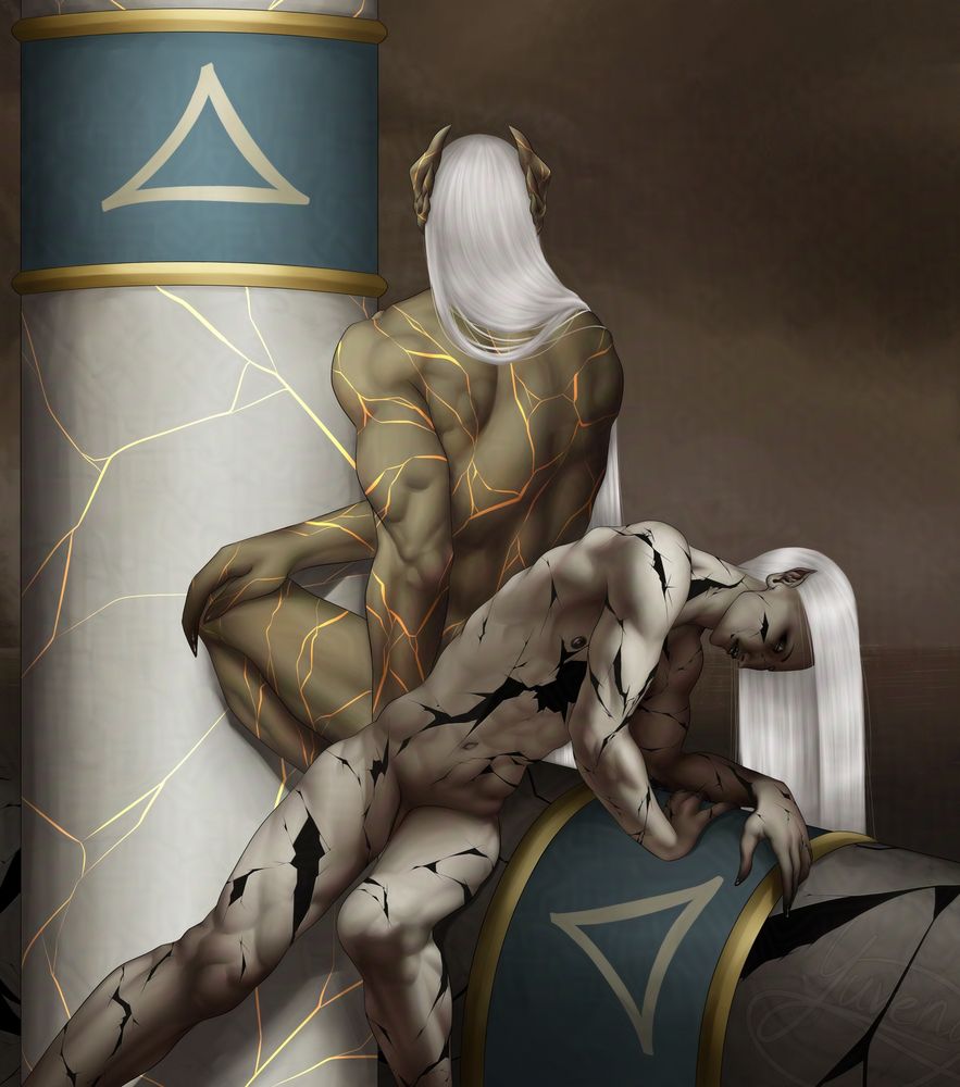 Drawing of two Kains of Legacy of Kain:

One is depicted as the one from Blood Omen and he lies defeated over his fallen Pillar. Both he and the Pillar show cracks.

The other Kain depicts one post-Defiance. His Pillar stands tall and both his skin as the Pillar have their cracks mended with gold (the Japanese method of Kintsugi), hinting at not just their restoration, but also coming out stronger than before.