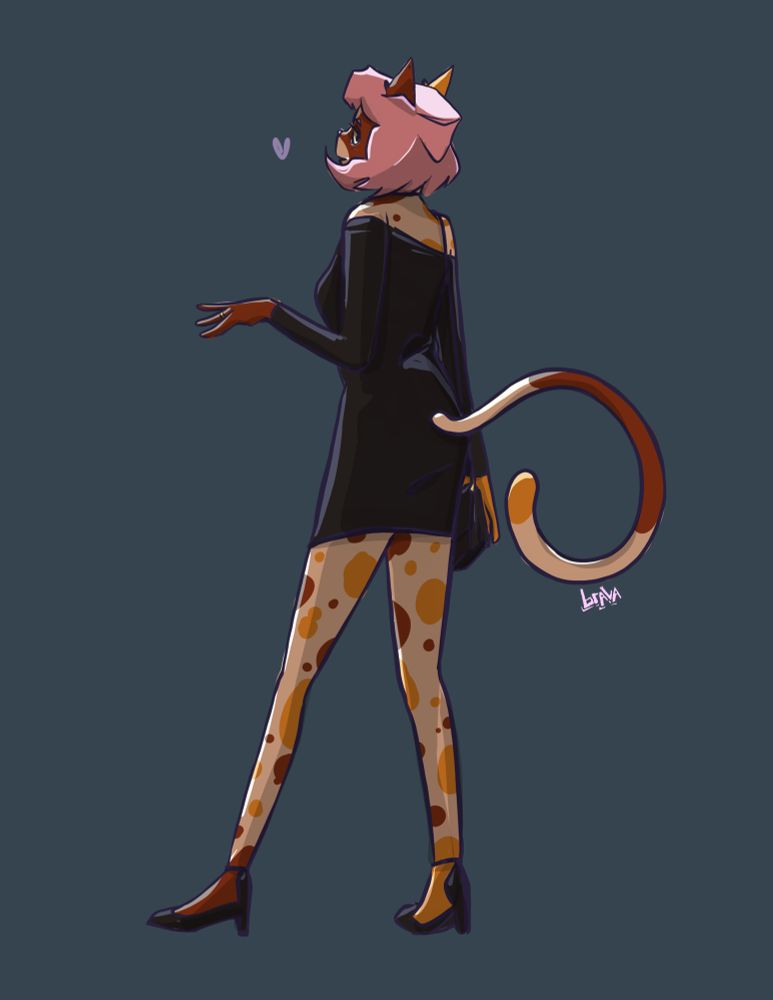 Anthropomorphic cat girl Polly, seen here wearing a low cut black dress, is willing to hear what you have to say for yourself 