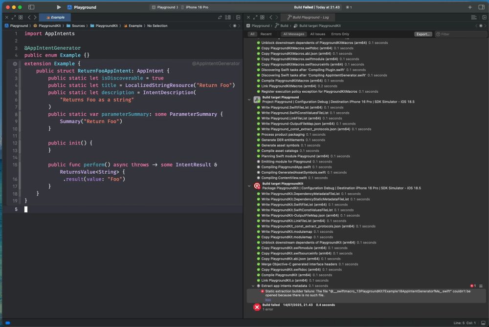 Xcode showing a Swift file where an AppIntent is defined using a macro, with a build failure in the report. The error reads: “Static extraction builder failure: The file ‘@_swiftmacro_13PlaygroundKit7Example18AppIntentGeneratorfMe.swift’ couldn’t be opened because there is no such file.” Build fails at the Package PlaygroundKit step.