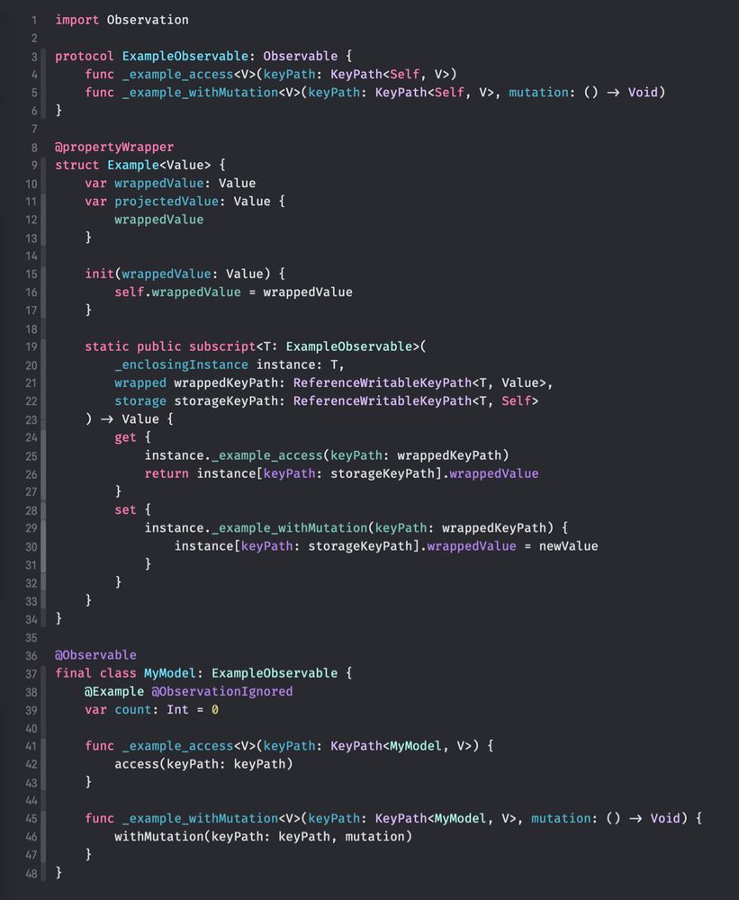 Swift code snippet showing how a property wrapper can be applied to a property while ensuring it remains observable.