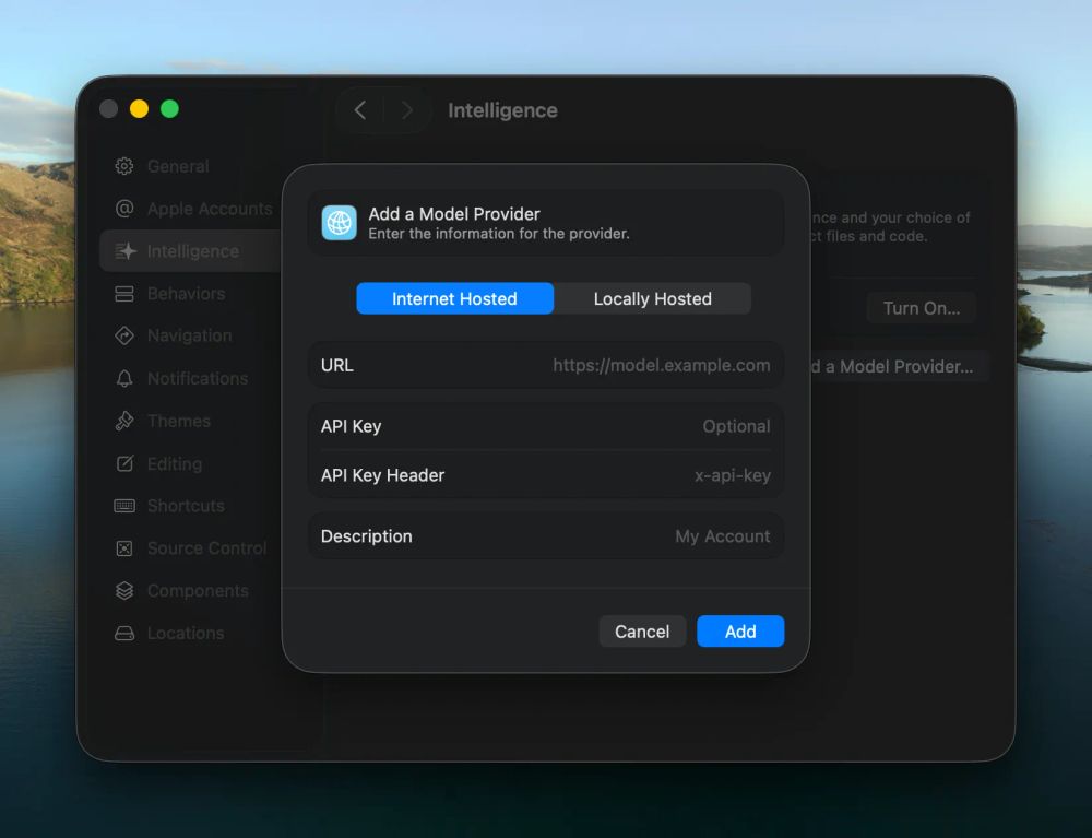 Screenshot of Xcode 26’s settings showing that any model provider can be added using a URL and API key.