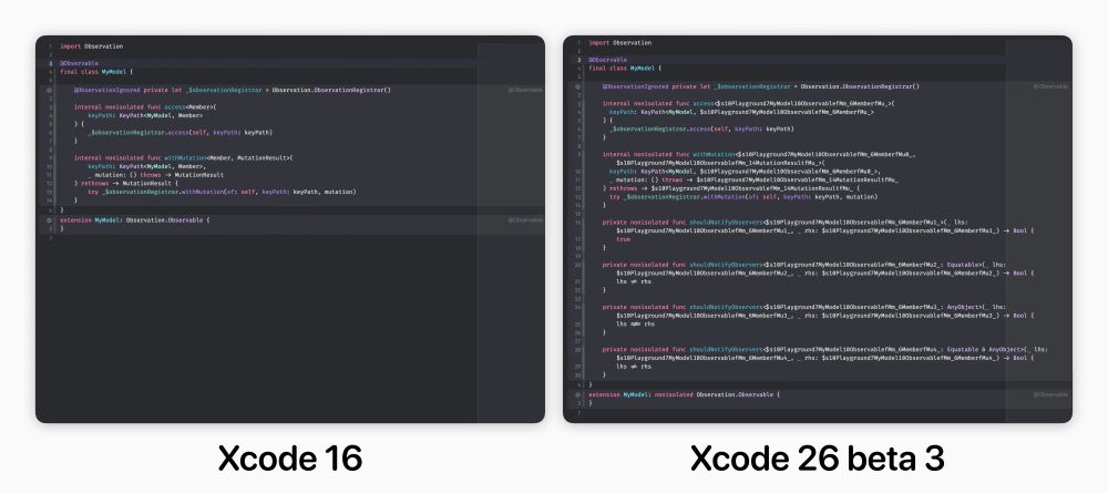 Screenshot of a class named "MyModel" with no properties and the @Observable macro applied, comparing the code from Xcode 16 and Xcode 26 beta 3. It shows that there is vastly more code being generated in Xcode 26.