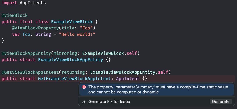 Screenshot of Swift code showing an empty implementation of app intent along with the error from the post.