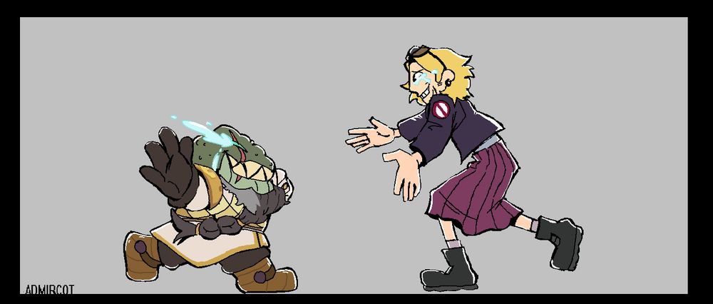 A wide MS-paint drawing of the characters Sasha and Grime from Amphibia. Grime is running towards Sasha from the left side of the drawing with his arms open to her, yet his left arm is missing. He is wearing a orange and white royal outfit and his beard sways behind him, a large tears fall from his face. Sasha is running towards Grime with her arms open as well, crying equally large tears. She is older and wearing a leather jacket, long pink skirt, and combat boots.