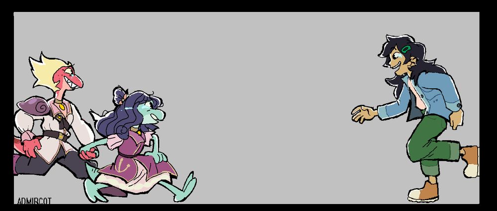 A wide MS-Paint drawing of the characters Yunan, Olivia, and Marcy from Amphibia in their finale designs. Olivia, who is wearing a pink and cream royal dress, is tearfully pulling along Yunan, who is wearing a long blouse with one shoulder pauldron, from the left side of the drawing. Marcy is approaching them from the right side of the drawing mid-run and appears older. She is smiling with a tear in her eye.