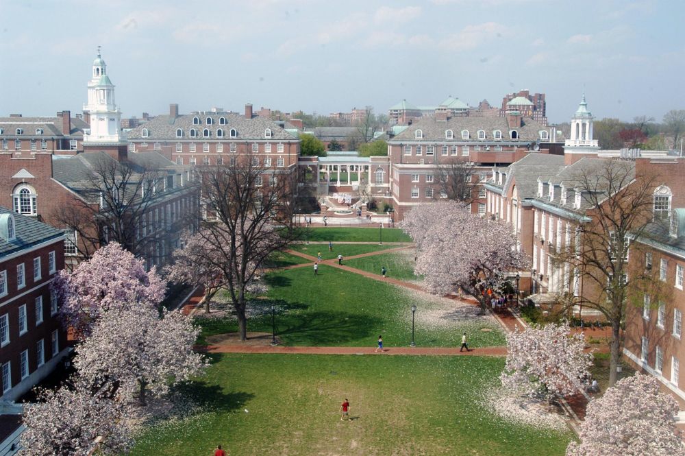 The Homewood campus of Johns Hopkins University in full spring bloom.