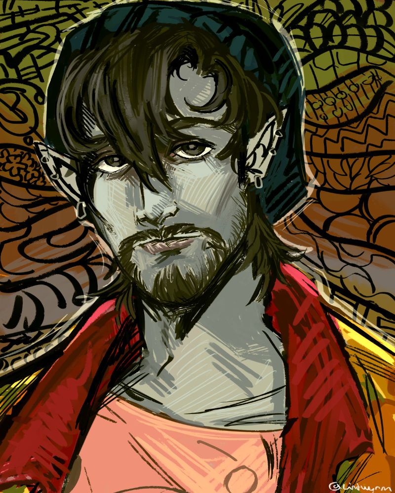 a digitally painted portrait of a fantasy d&d character with grey skin and pointed ears, with black hair and a mustache with stubble. he is wearing a beanie and a brightly collared jacket. 