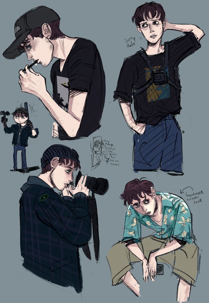 digital art of several alternate images of the same male character with brown hair and white skin with deep bags under his eyes. 