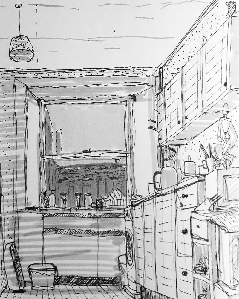 Sketch of Deb's kitchen [09/2018].
Pen and marker on paper, cm 15 × 21 