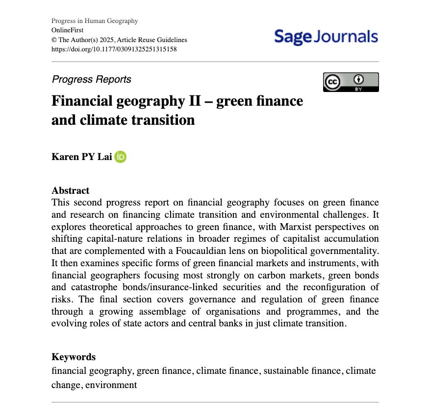 Screenshot showing title and abstract of a journal paper titled 'Financial geography II - green finance and climate transition'