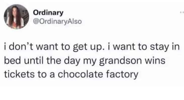 I don't want to get up, I want to stay in bed until the day my grandson wins tickets to a chocolate factory 

ordinary @ordinaryAlso 