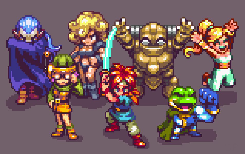 Chrono Trigger player characters, Crono, Lucca, Marle, Robo, Frog, Ayla, and Magus pixel art.