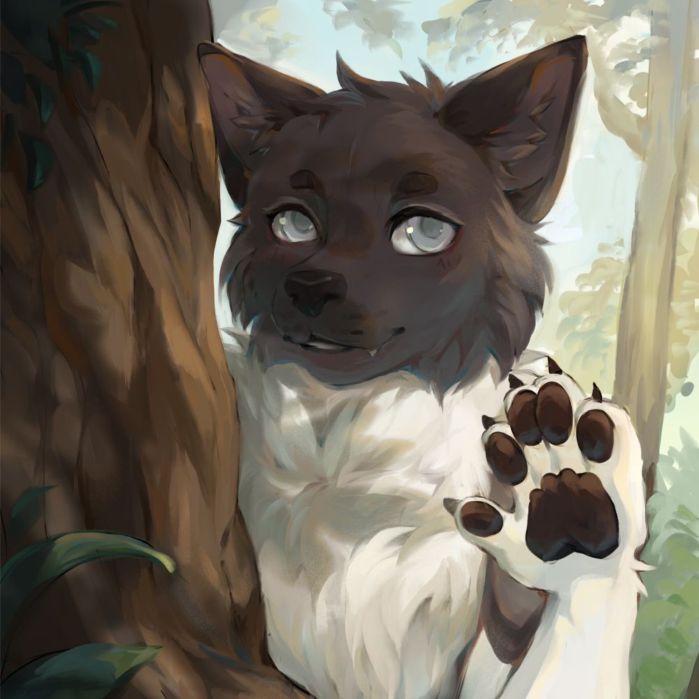 An image of a brown and white anthropomorphic Akita peeking out from behind a tree while waving.