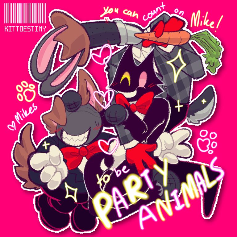 illustration of three characters posing together. "the text written says you can count on Mike! to be Party Animals, love mike"