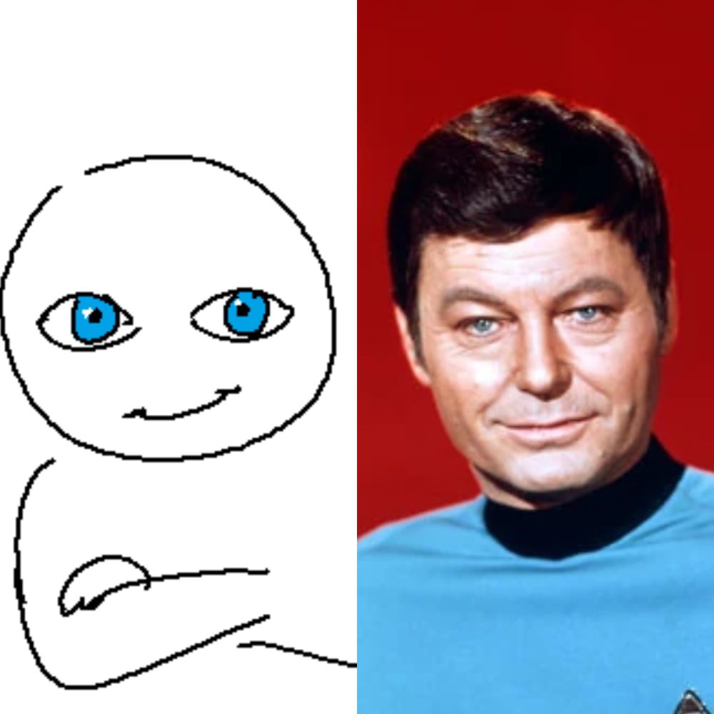 meme of character with bright blue eyes staring at the screen next to bones from star trek