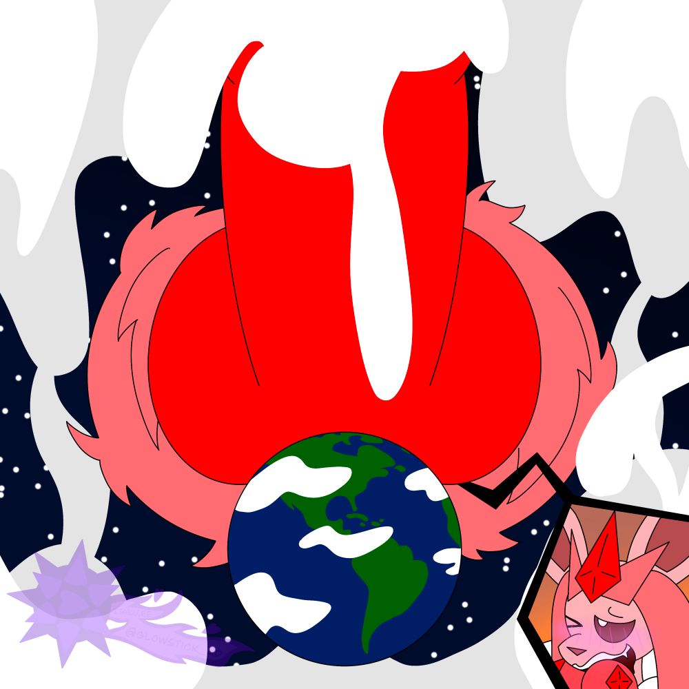 Same as before, but now Cryogen's cock is bigger and erupting with cum, curving around Earth because of its gravitational pull. Cryogen is shown to be in a state of pure pleasure in the bottom-right.