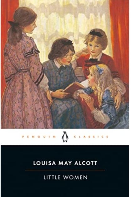 The cover of "Little Women" by Louisa May Alcott" depicting four young women looking at a book