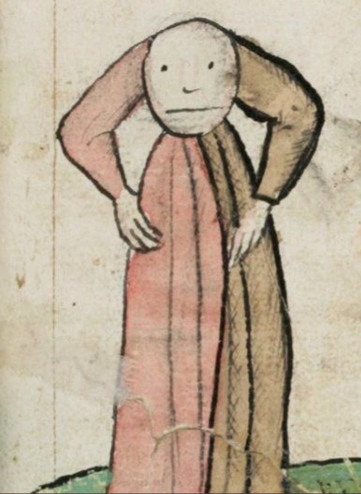a marginalia drawing of a lady wearing a pink dress, but her face is where her torso should be