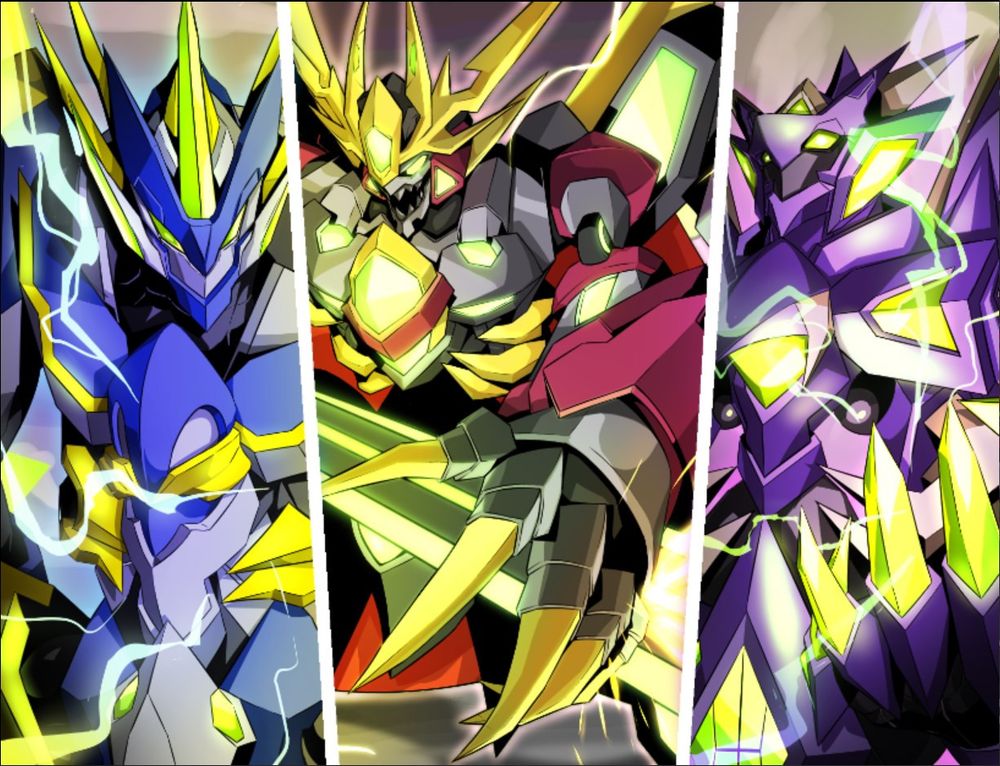 The three mechas join forces together.
