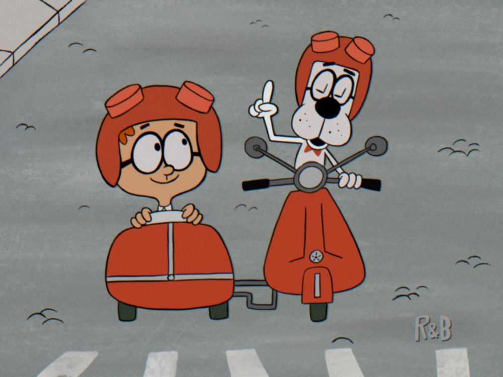 Peabody driving a Vespa with Sherman in the sidecar; drawn in the style of the Improbable History shorts imitating a scene in the 2014 DreamWorks film 