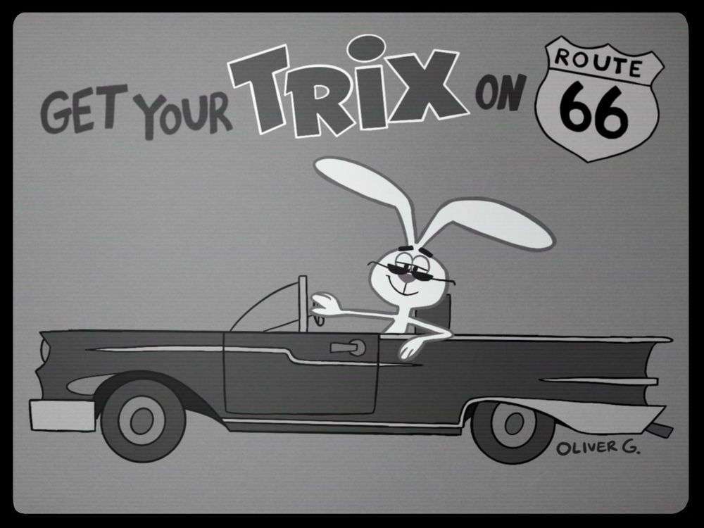 The “Silly” Trix Rabbit wearing sunglasses in the driver’s seat of a convertible, with text above him reading “Get Your Trix On Route 66”