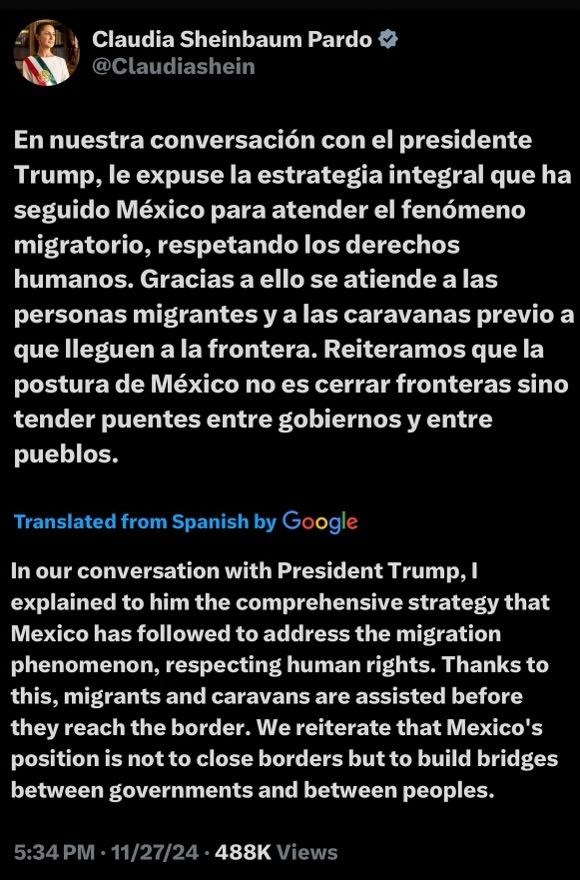 Tweet from Claudia Sheinbaum Pardo @Claudiashein

En nuestra conversación con el presidente
Trump, le expuse la estrategia integral que ha seguido México para atender el fenómeno migratorio, respetando los derechos humanos. Gracias a ello se atiende a las personas migrantes y a las caravanas previo a que lleguen a la frontera. Reiteramos que la postura de México no es cerrar fronteras sino tender puentes entre gobiernos y entre pueblos.

Translated from Spanish by Google:
In our conversation with President Trump, I explained to him the comprehensive strategy that Mexico has followed to address the migration phenomenon, respecting human rights. Thanks to this, migrants and caravans are assisted before they reach the border. We reiterate that Mexico's position is not to close borders but to build bridges between governments and between peoples.