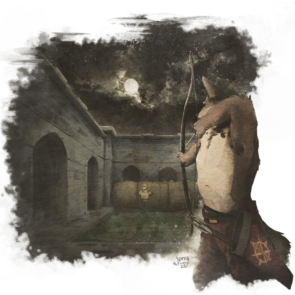 Painting of Sam from the Demons Within VN practicing his archery during the nighttime. The bow is drawn and aimed at a target dummy down a range in the courtyard he's in, with the moon up in the sky lighting the environment.