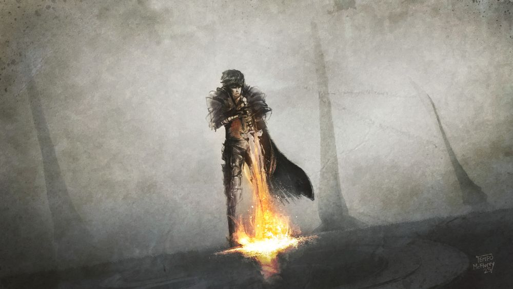 Painting of Clive from FFXVI standing stoically and plunging his sword into the ground, with the tip of the blade on fire