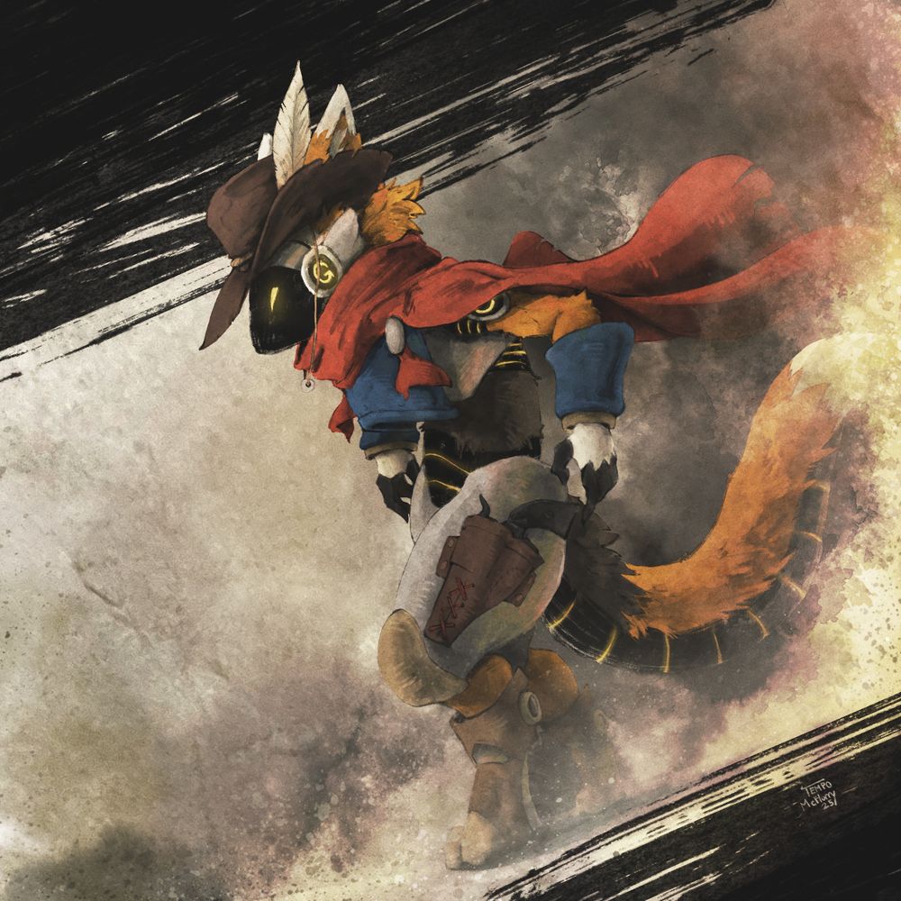 Drawing of my protogen fursona as the Quickdraw Synchron card from YuGiOh, standing slightly crouched and ready to draw both pistols holstered at the sides of his thighs while his cape and dust blows in the wind behind him.