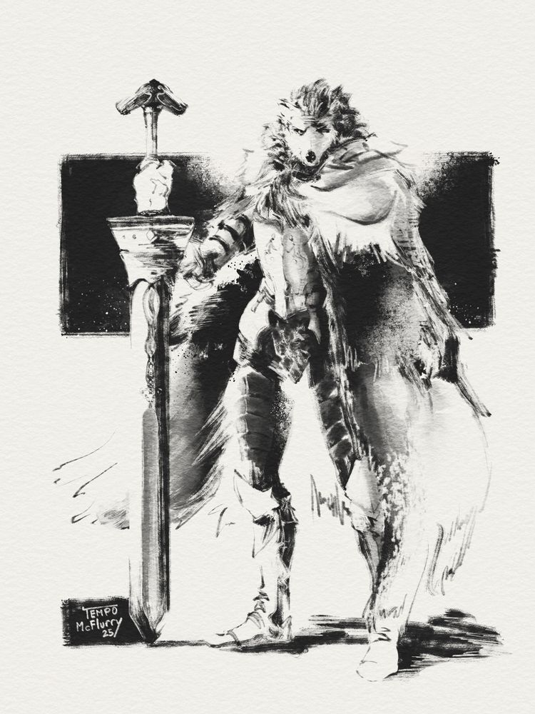 Drawing of Blaidd from Elden Ring. He's standing stoically facing the viewer, holding his Royal Greatsword at his side 