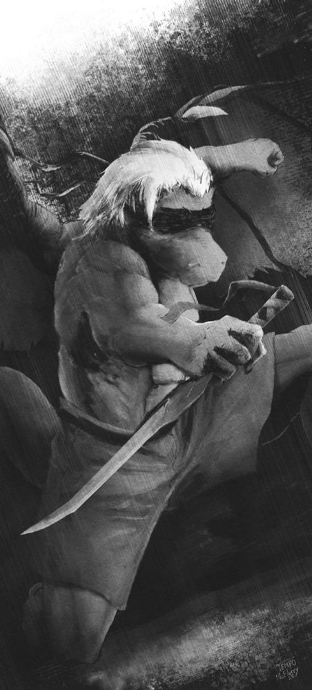 Drawing of an anthro dragon with wings spread out behind him, wearing a blindfold and shorts, is crouched, and holding a dagger forward.