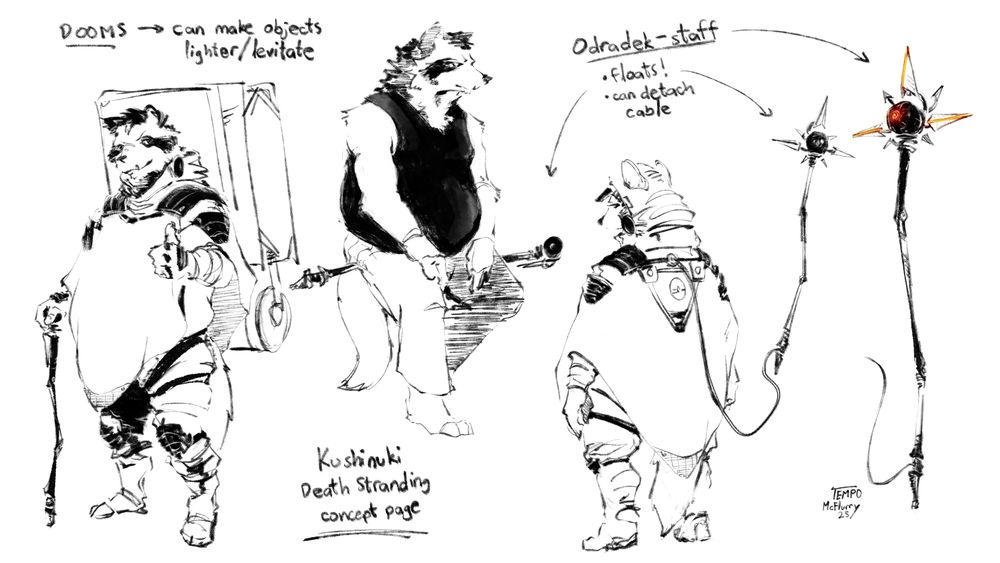 Drawing of a concept page of Kushinuki's tanuki fursona as a porter from Death Stranding 2, dressed in timefall-proof poncho, and equipped with his odradek-staff that can float on its own while carrying cargo on his back. The text reads: "DOOMS - can make objects lighter/levitate" and "Odradek-staff - floats; can detach cable"