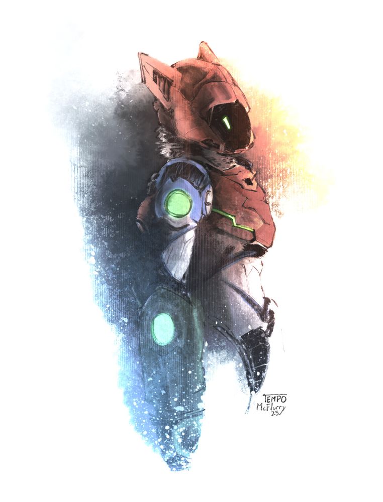 Painting of Samus in her suit from Metroid Dread but portrayed as a protogen. Her arm cannon is resting down by her side while she stands at an angle