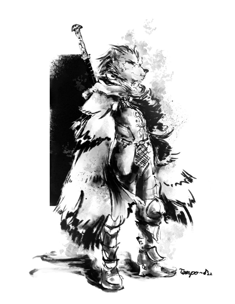 Drawing of Blaidd carrying his Royal Greatsword on his back, looking off into the distance at an angle