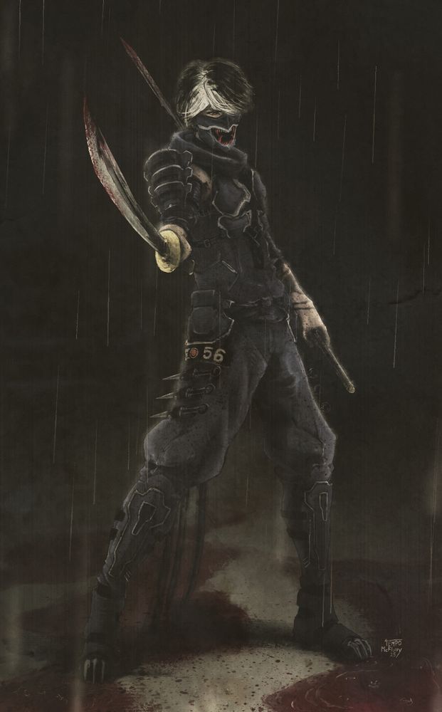 Painting of Yakumo, the new protagonist from Ninja Gaiden 4. He is standing in the dark and in the rain with puddles of blood on the ground, holding one of his katanas behind him and pointing another towards the viewer.