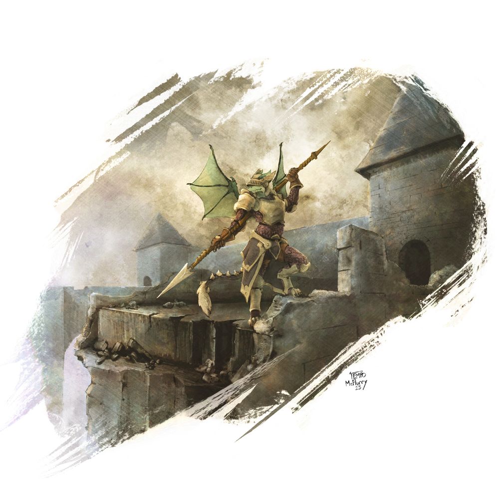 Drawing of AzureVi's dragon fursona standing at the edge of a ruined bridge wearing plate and scale armour. She's holding a spear behind her as she looks off into the distance, with castle walls behind her.