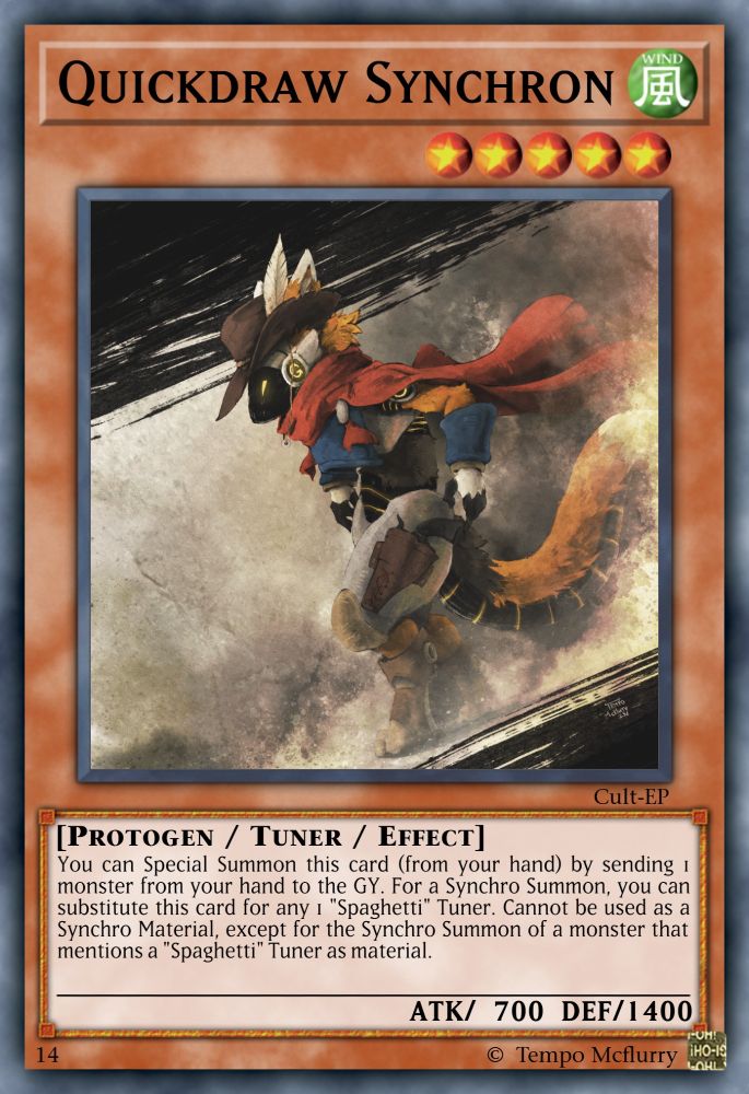Drawing of my protogen fursona as Quickdraw Synchron from YuGiOh, but edited into a YuGiOh card template to look like an actual YuGiOh card. The card description reads:

[PROTOGEN / TUNER / EFFECT]
You can Special Summon this card (from your hand) by sending 1 monster from your hand to the GY. For a Synchro Summon, you can substitute this card for any 1 "Spaghetti" Tuner. Cannot be used as a Synchro Material, except for the Synchro Summon of a monster that mentions a "Spaghetti" Tuner as material. ATK/700; DEF/1400.