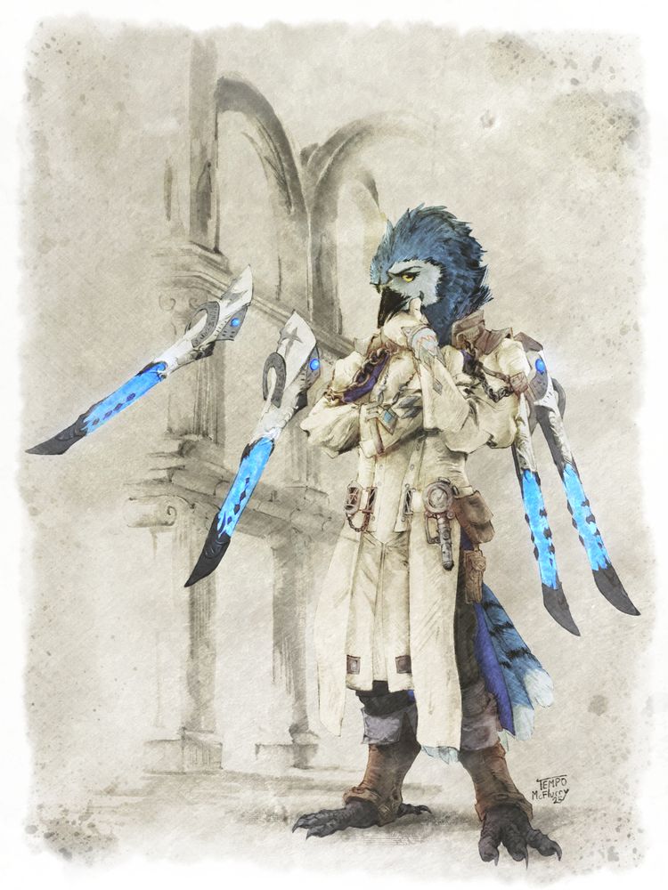 Drawing of a blue jay fursona as a Sage from FFXIV, dressed in the Sage's artifact gear and in the same pose as the Sage in the official FFXIV job artwork