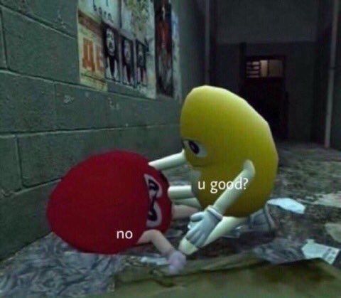 Yellow m&m asking if the red m&m is good and the red m&m on the ground saying no