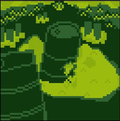 a 64x64 green monochrome pixel art, it shows a field of toxic waste barrels leaking goop everywhere. There are two barrels, large and in the foreground with a puddle of ooze around one.