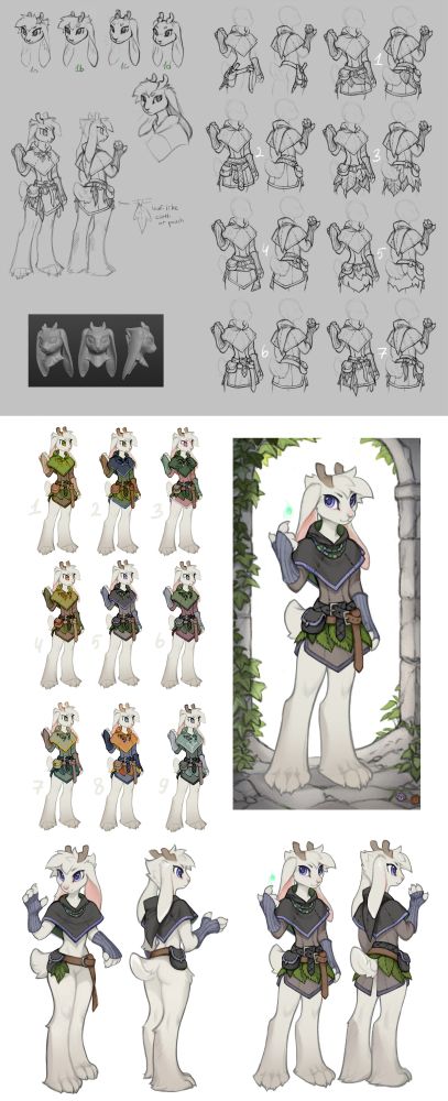 A detailed character design sheet of a female wolpertinger - an anthropomorphic hare with small antlers and long ears. The sheet includes facial expression sketches, outfit variations, color palettes, and turnaround poses. She wears a tunic with leaf-like details, gloves, and utility pouches. In the final artwork, she holds a glowing droplet of magic and stands in a stone archway surrounded by ivy.
