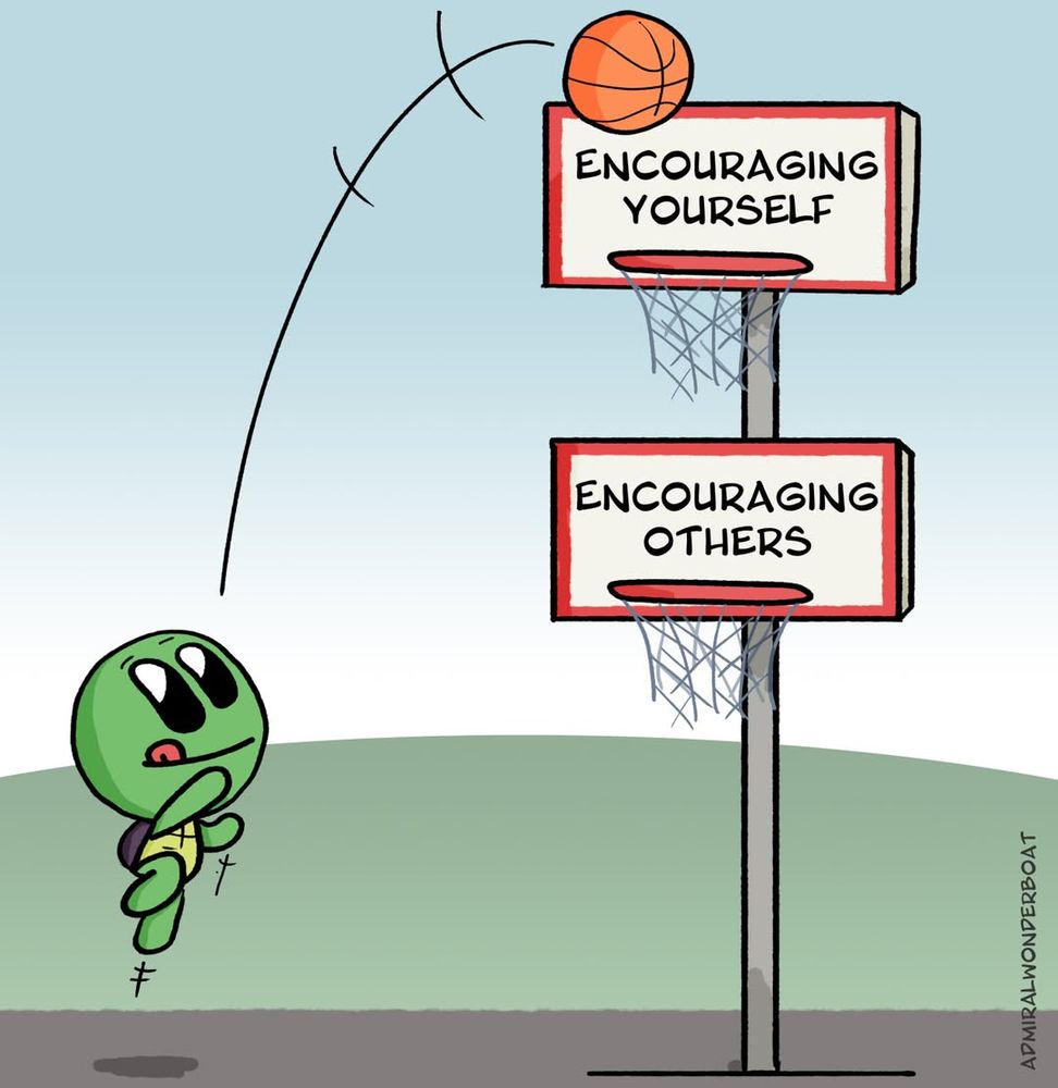 A little turtle shoots a basket into a double tall basketball net - it has two nets. The first is labelled "Encouraging yourself" and the second is labelled "Encouraging Others" - once it goes through the first it goes through the second.