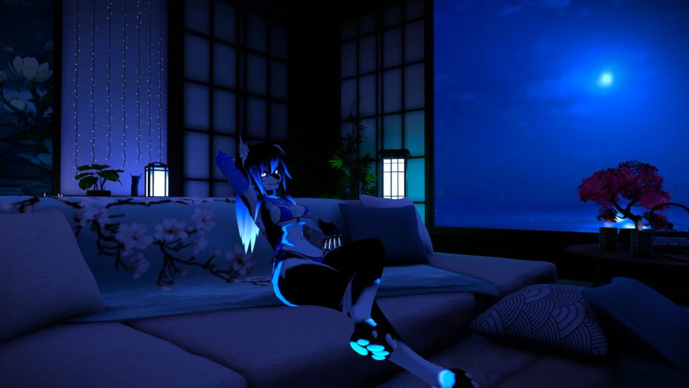 vrchat picture of a blue wolf watching over an ocean at night with a blue light